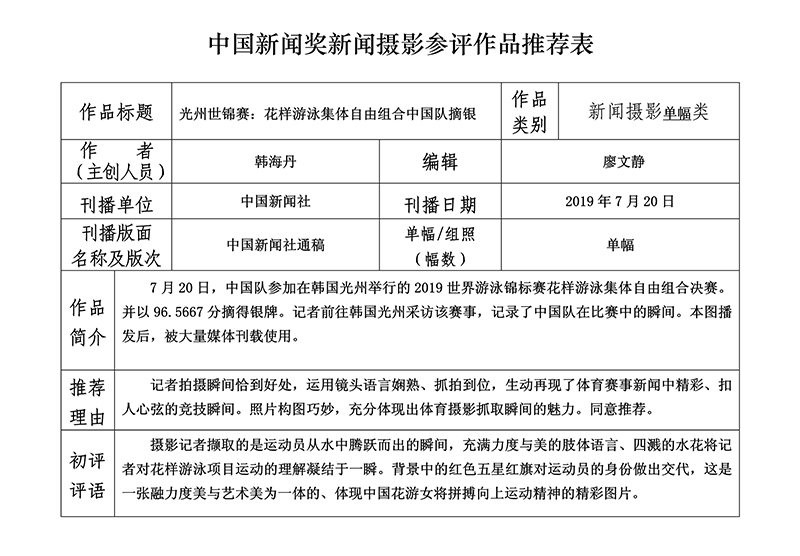 光州世锦赛：花样游泳集体自由组合中国队摘银